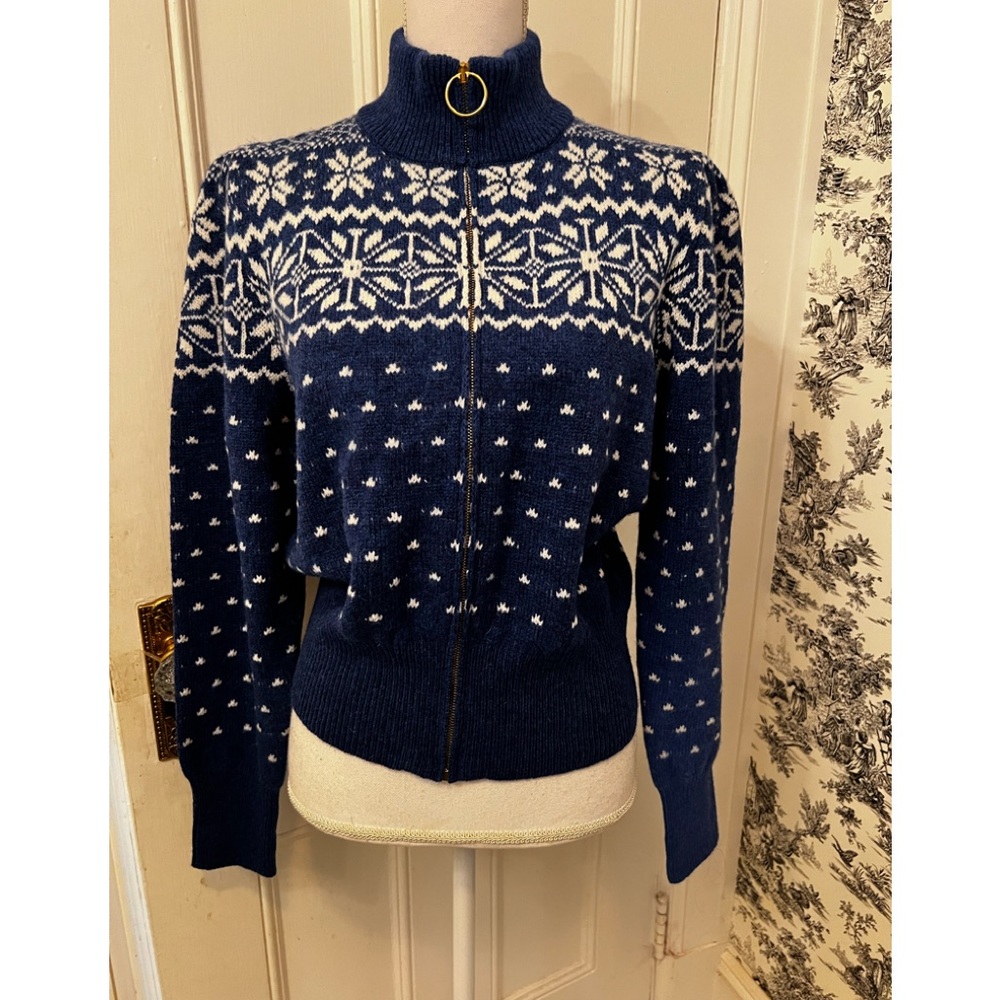 Tory Burch NWT womens 100% virgin wool zip front cardigan. Blue and white. Sz M